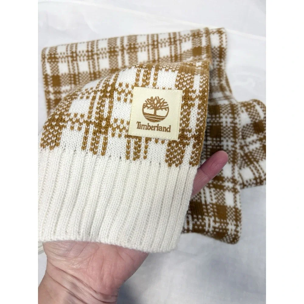 Timberland Plaid‎ Knit Scarf Brown White OS Acrylic Winter Cold Weather T101808